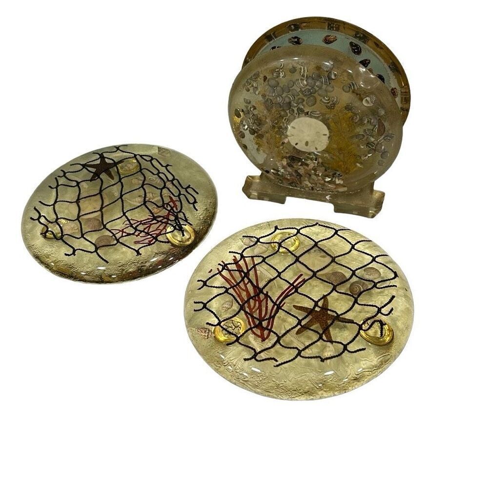 Vtg 60s-70s Acrylic Lucite Coastal Napkin Holder & Pair Of Ocean-Themed Trivets